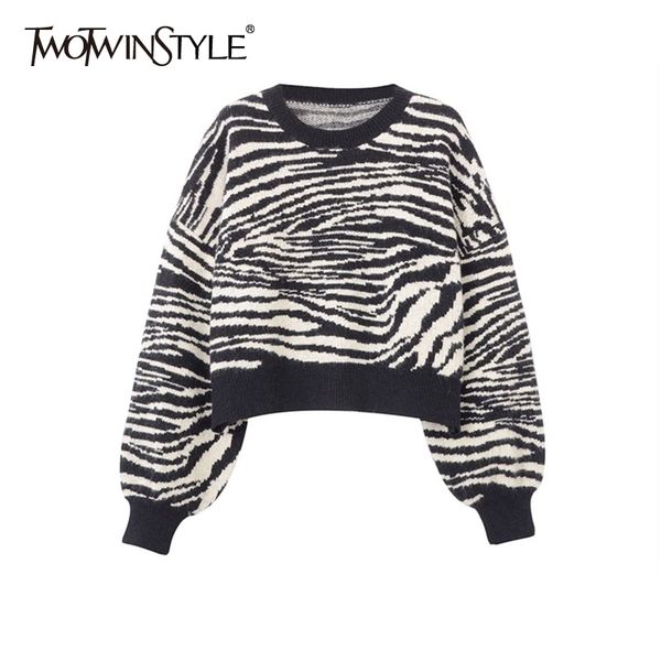 

twotwinstyle zebra casual short knitted for women o neck long sleeve high street chic sweater female autumn fashion 210517, White;black