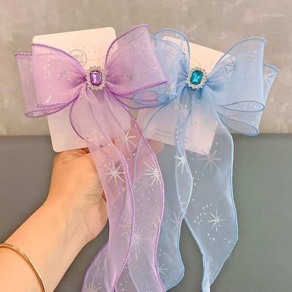 

girls rhinestone streamer hair bows snowflake mesh bowknot clips long tassel head hairpin grip princess headwear accessories1, Slivery;white