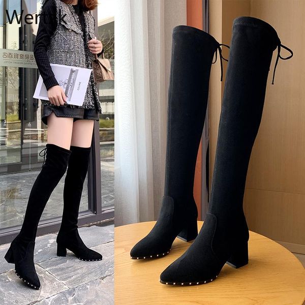 

boots elastic flock slim fit over the knee women 2021 winter thigh lace up ladies high heel chunky long botaa999, Black