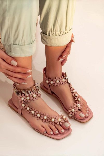 

sandals matte flip-flops pearl detail women's female between toe flower season 2021 summer, Black