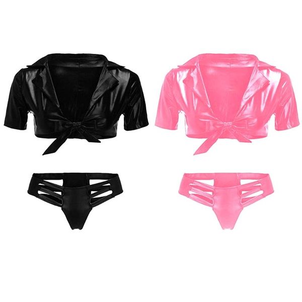 

bras sets womens shiny faux patent leather 2pcs lingerie set short sleeve lapel crop with hollow out brief panties nightwear, Red;black