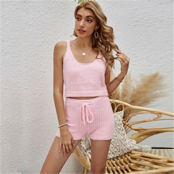 

womens solid color home tracksuits fashion trend u-neck sleeveless vest drawstring shorts suits female spring plus size pajamas sets, Gray