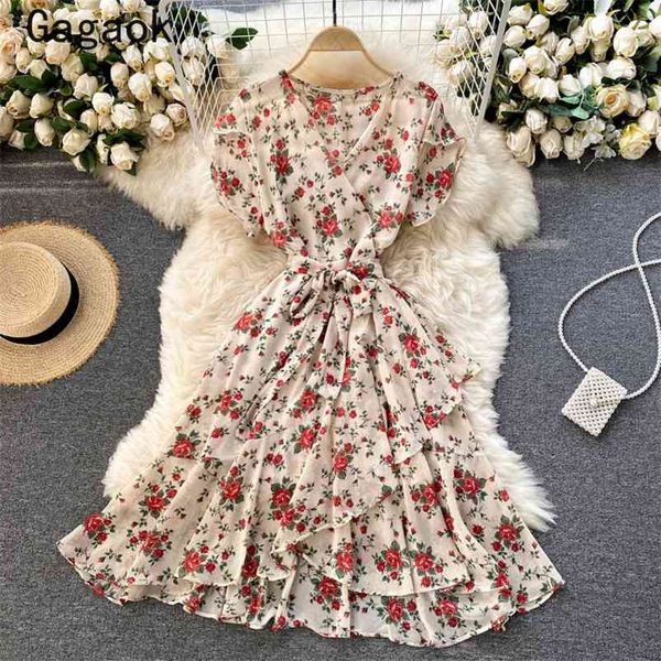 

dress women vintage summer v-neck ruffles floral print mini dresses chic fashion kotran elegant vestido feminino 210531, Black;gray