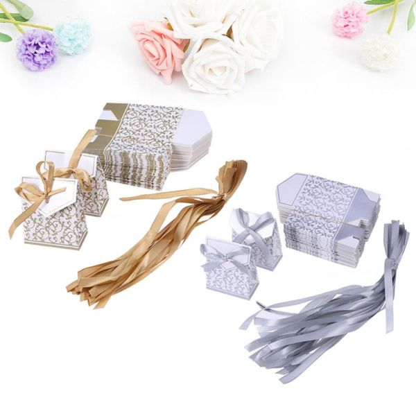 

gift wrap 100 pcs wedding candy boxes printed with stitched ribbon decent chocolate treat (golden/silver)