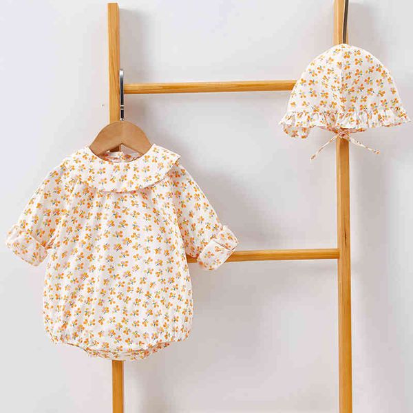 

0-2yrs spring autumn baby girl rompers floral long sleeves and hat born clothes 210429, Blue