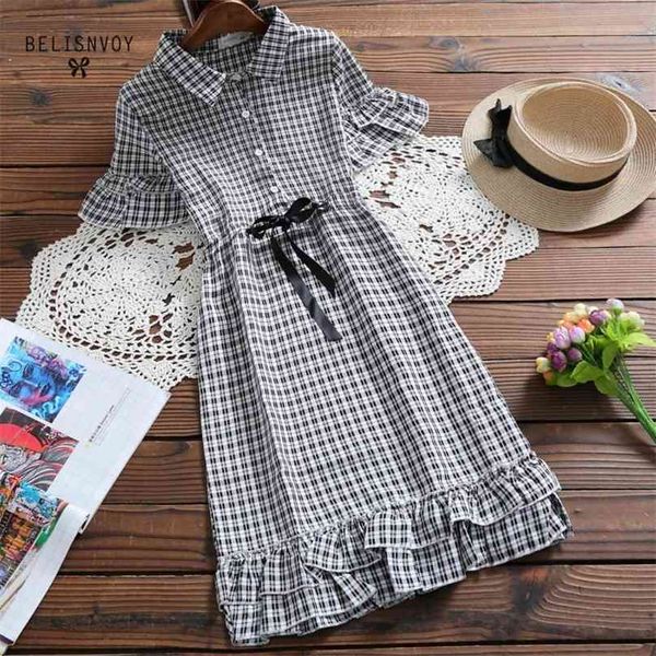 

preppy style sweet summer dresses women short sleeve black pink plaid vintage elegant shirt dress ruffles femininos vestidos 210520, Black;gray
