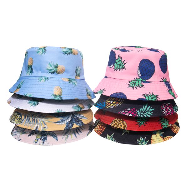 

14 colors summer two sides wear reversible bucket hat bohemian pineapple watermelon fruits printing foldable fisherman cap, Yellow