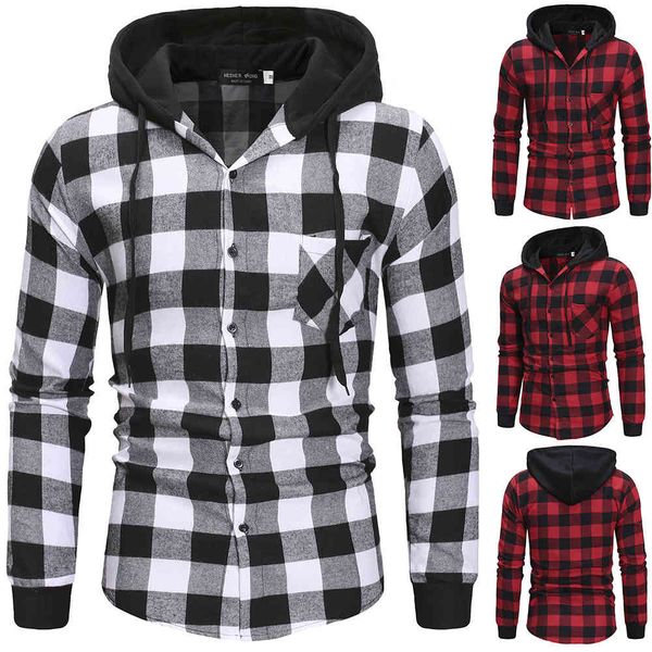 

boutique fashion shirt 2021 men's plaid hooded long sleeve youth large, White;black