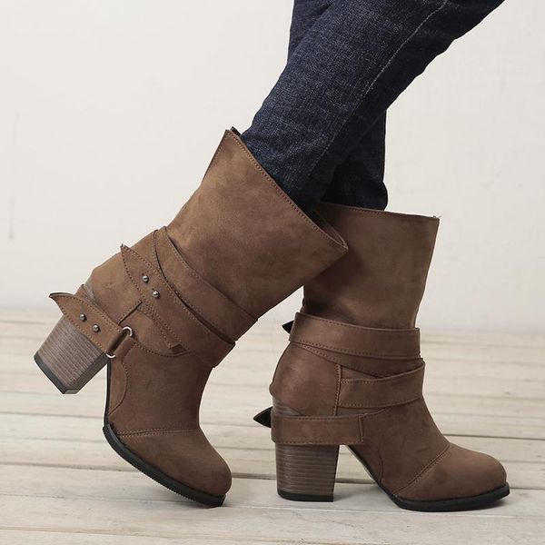 

boots suede leather buckle autumn winter women fashion casual ladies shoes high heeled snow, Black