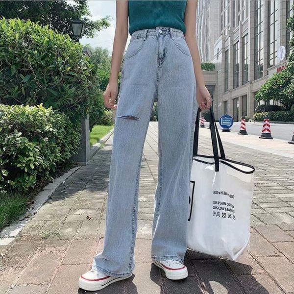 

women's jeans women pants leisure loose high waist hole vintage wide leg jean korean style all-match simple full-length, Blue