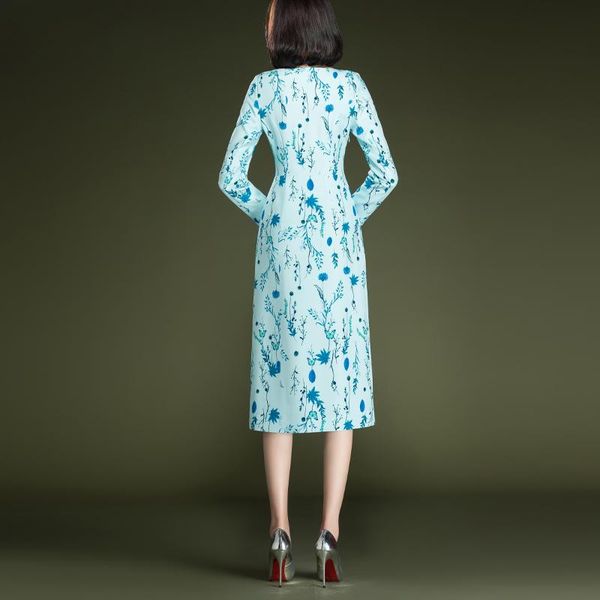 

spring casual soft stretch long dress floral print blue women dresses, Black;gray