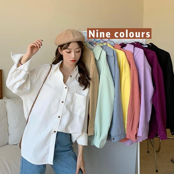 

women's blouses & shirts 2021 fashion woman spring corduroy jacket solid shirt single breasted turn down collar long sleeve pocket butt, White