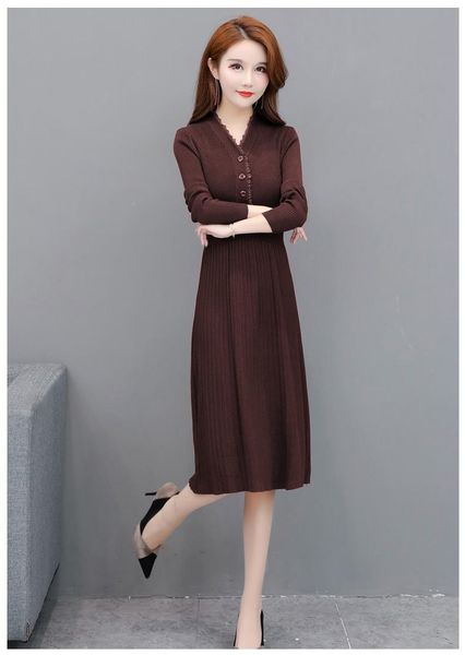 

casual dresses 2021 autumn and winter long sleeve sweater dress whi05, Black;gray