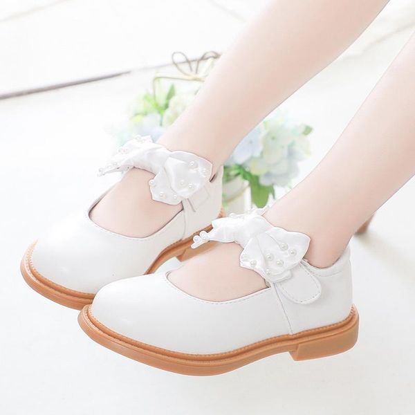 

flat shoes spring autumn girls pu leather mary janes princess children kids school platform round toe white bow-knot party, Black;grey