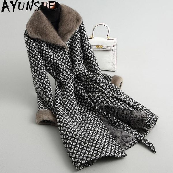 

women's fur & faux ayunsue real coat female natural lamb tweed 2021 winter jacket women mink collar korean woolen coats my3778, Black
