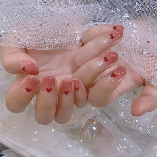 

false nails fake short with glue round pink gradient love nail stickers finished 24pcs wearable full cover tips, Red;gold