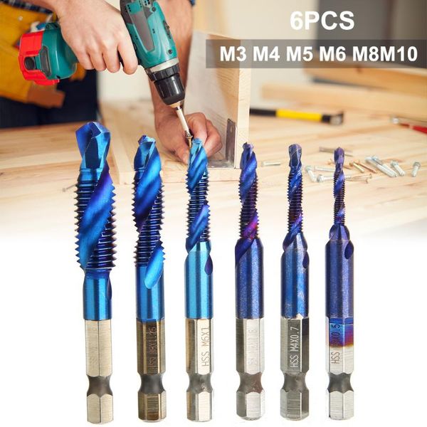 

6pcs/set hand drill tap bit set hss combination screw tapping tool hex shank kit metric thread m3 m4 m5 m6 m8 m10 blue coating tools