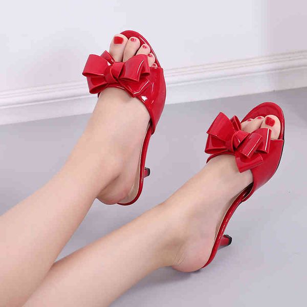 

slippers female summer outside wear korean version of high heel medium heel thin bow fishmouth one word shoes ofx4, Black