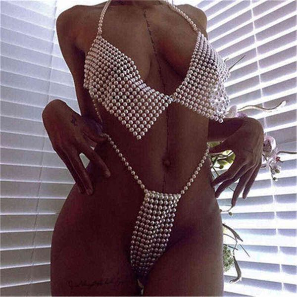 NXY Sexy Set Einzigartige Imitation Perlen Taille Bauchkette Unterwäsche Tanga Höschen für Frauen Perle Körper BH Halskette Anzug 1126