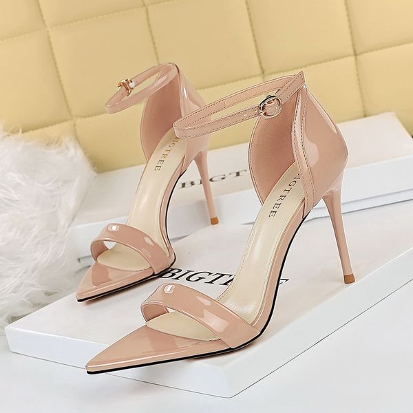 

dress shoes bigtree verÃ£o elegante feminino 9.5cm fetish salto alto sandÃ¡lias de festa couro patente dedo do pÃ© aberto nu saltos brancos y9m, Black