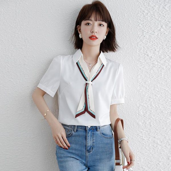 

women's blouses & shirts white lace up design niche shirt summer 2021 chiffon short sleeve fashion