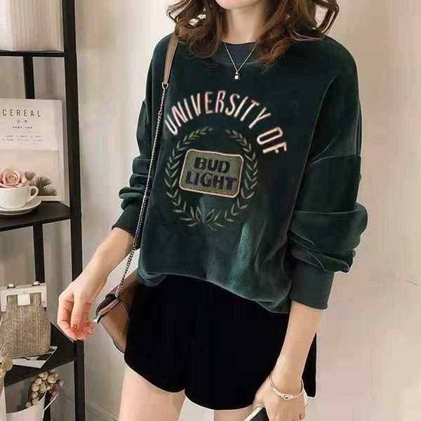 

double sided embroidery gold velvet backing long sleeve fat mm large loose pullover plush thickened sweater women's fashion, Black