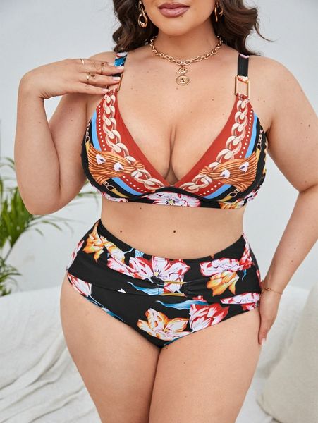 

plus floral & chain print bikini swimsuit o9bf#, Black