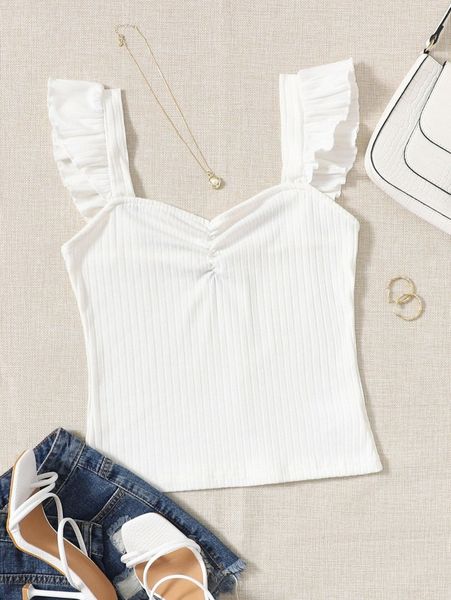 

solid ruched bust ruffle trim 58r1#, White