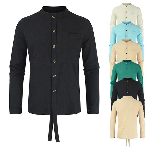 

men's casual shirts cotton linen for men solid color classic white shirt 2021 summer male long sleeve stand collar clothing#g, White;black