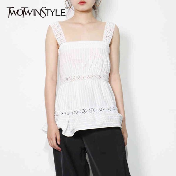 

casual white hollow out vest for women square collar sleeveless backless slim tank females summer fashion style 210524
