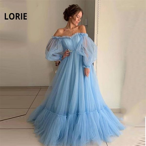 Lorie azul vestidos de baile manga longa fora do ombro princesa vestido tule lace-up formal vestidos de festa de noite plus tamanho 210719