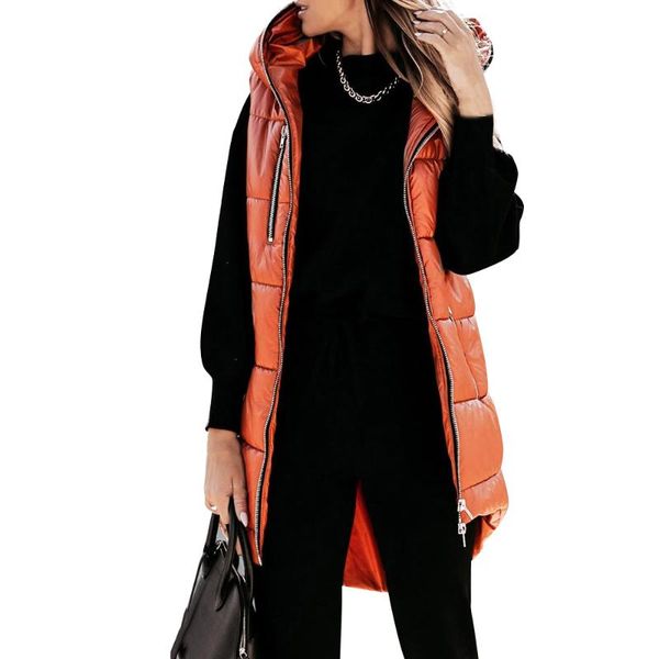 

women's vests street style zipper up vest for women hooded jacket sleeveless thermal pockets padded elegant winter down tank long coat, Black;white