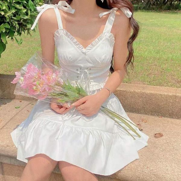

casual dresses french girl pure white halter dress fresh lovely princess wind show thin goddess v collar summer style, Black;gray