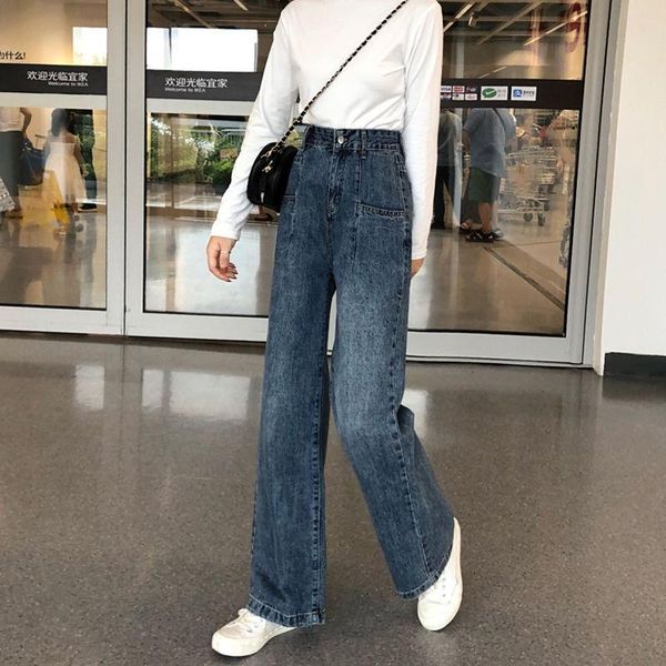 

women's jeans denim pants wide leg women straight bleached girls high waist washed pockets full length trousers 2021 spring autumn, Blue