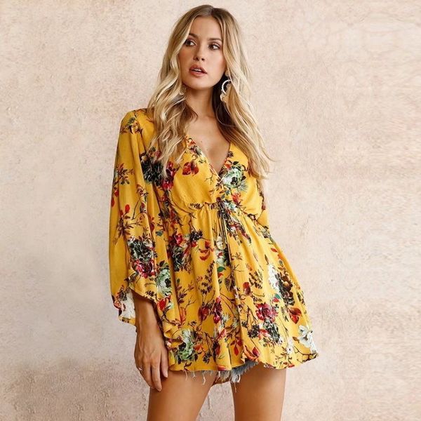 

women's dress spring / summer 2020 new deep v lace up waist print dress, Black;gray