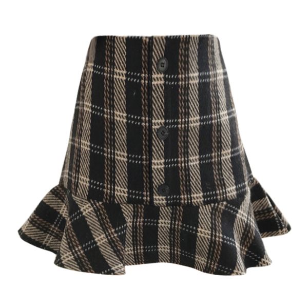 Schwarz Khaki Meerjungfrau Trompete Empire Button Rüschen Rock Plaid Tweed Winter Herbst Kurz High Street S0122 210514