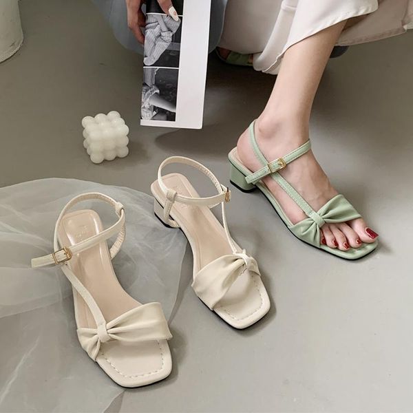 

sandals white women high heels 2021 summer narrow band square toe pleated designer shoes party elegant green, Black