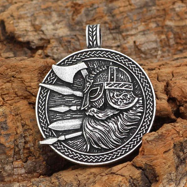 

popular new viking culture odin helmet axe round men's accessories necklace, Silver