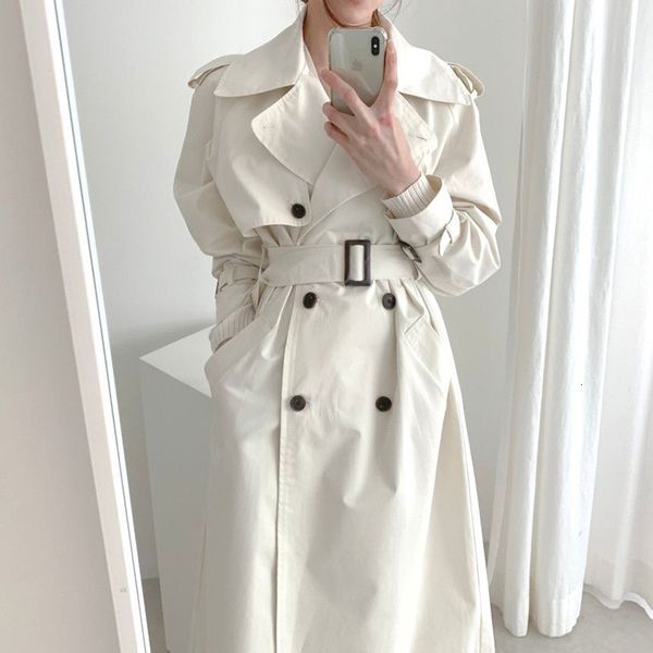 

wool long sleeves belt plus size women's jacket fall fashion simple double lapel breasted trench coat, Black