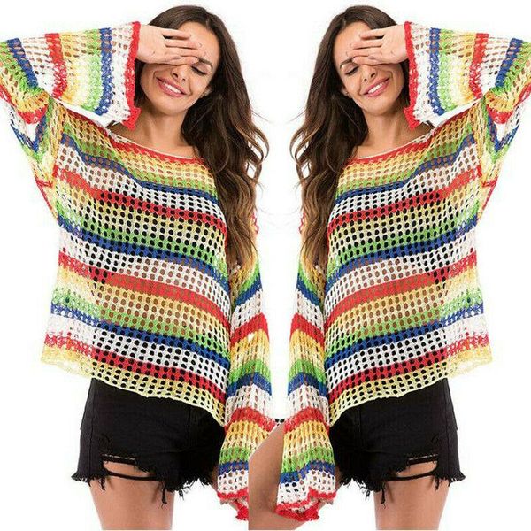 

style women blouses casual long sleeve see through autumn hollow out lady multicolor rainbow color blouse fashion 2021 women's & shirt, White