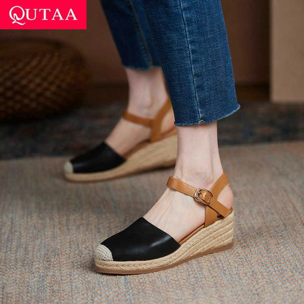 

summer round toe casual sandals platform genuine leather women shoes female buckle wedge high heels size 34-39 210528, Black
