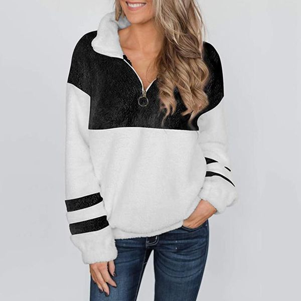

women's hoodies & sweatshirts women hooded sweatshirt jackets winter warm wool fleece patchwork elegant pockets coat outwear casual pul, Black