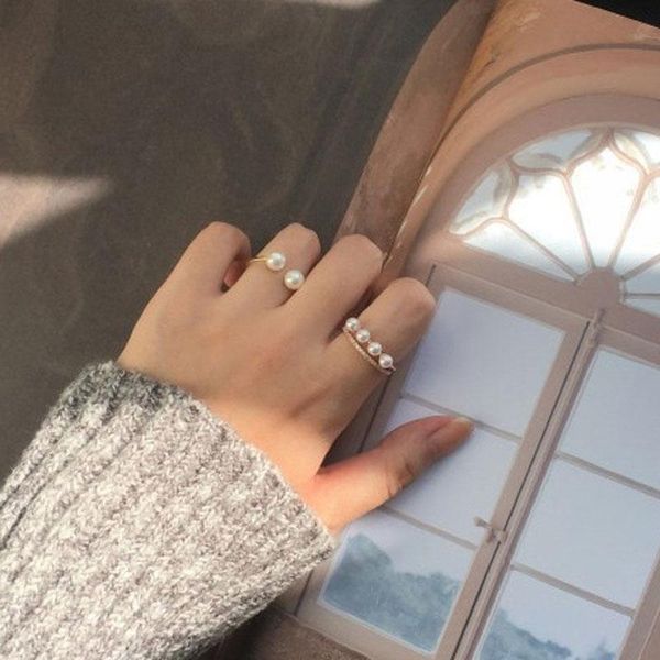 

cluster rings 2pcs/set trend simple multilayer pearl cz zirconia sets rose gold color ring for women girl wedding party jewelry gift, Golden;silver