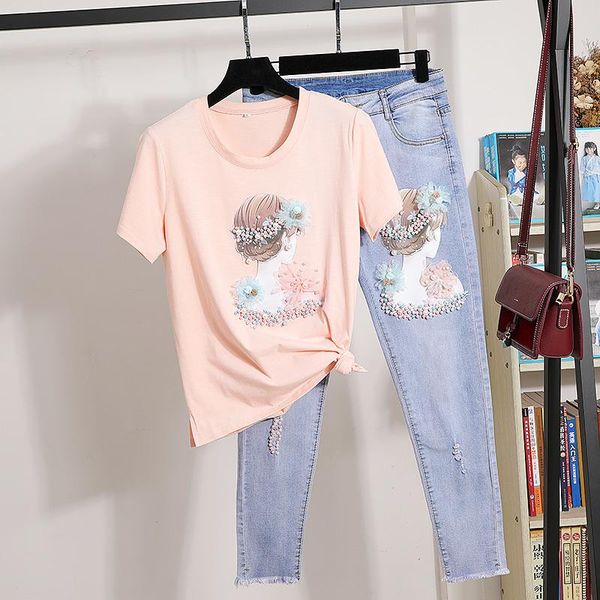 

women's two piece pants fashion white black pink beading embroidery print t-shirt frayed denim outfits women 2pc cotton tee jeans set