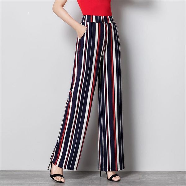 

summer stripe wide leg casual womens pants elastic high waist fashion loose long spring pant trousers femme, Black;white