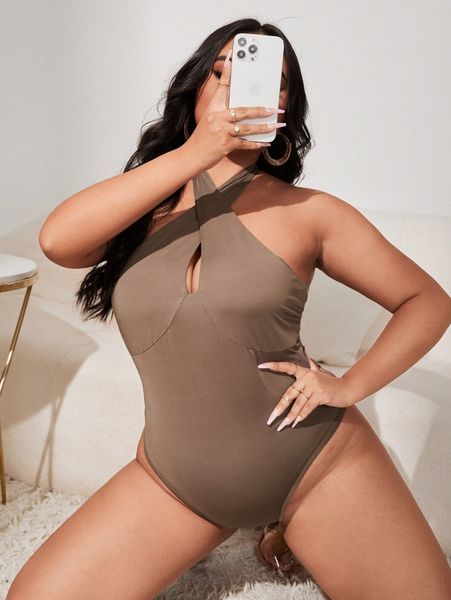 

plus criss cross cut out backless bodysuit d3vv#, Black