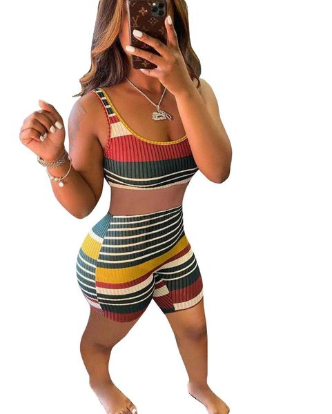 

women's tracksuits 2021 summer clothing color striped thread leisure sports sleeveless tank shorts two-piece set, Gray