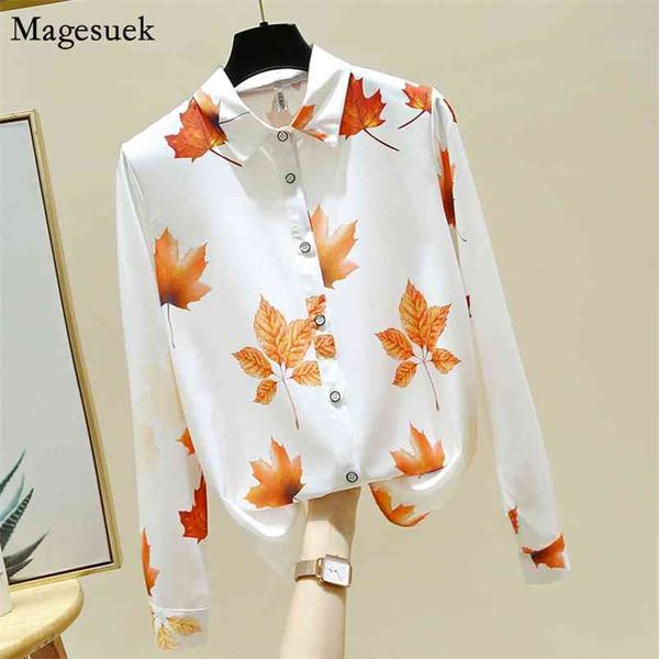 Outono Maple Folha Imprimir Manga Longa Top Mulheres Coreano Plus Size Chiffon Blusa Lapela Cardigan Camisa Blusas 11514 210512