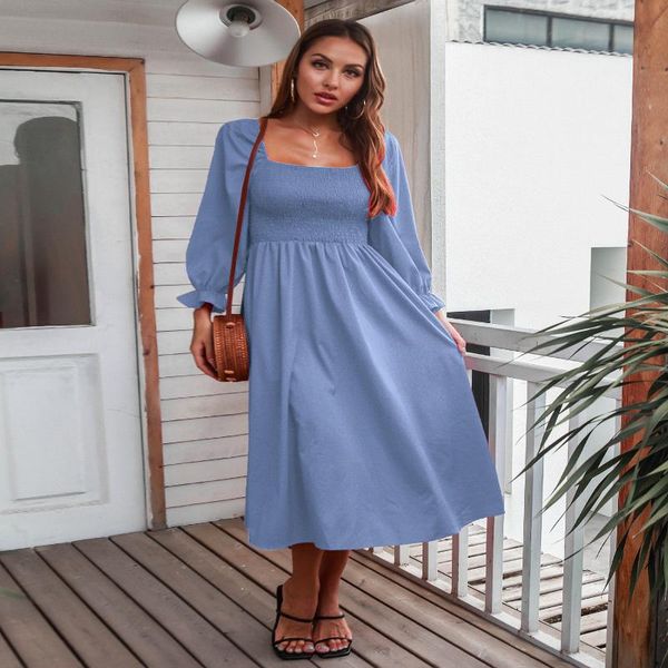 

casual dresses women robe femme spring autumn solid color a-line shrinkage square collar long sleeve slim dress for woman vestidos, Black;gray