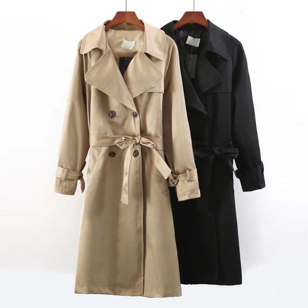 

women's trench coats autumn european woman classic double breasted with belt business women outerwear khaki/black casual 5usq, Tan;black